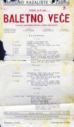 Plakat za BAletno veče članova Baletnog studija Juraj Baraković u NArodnom kazalištu u Zadru 10. travnja 1956